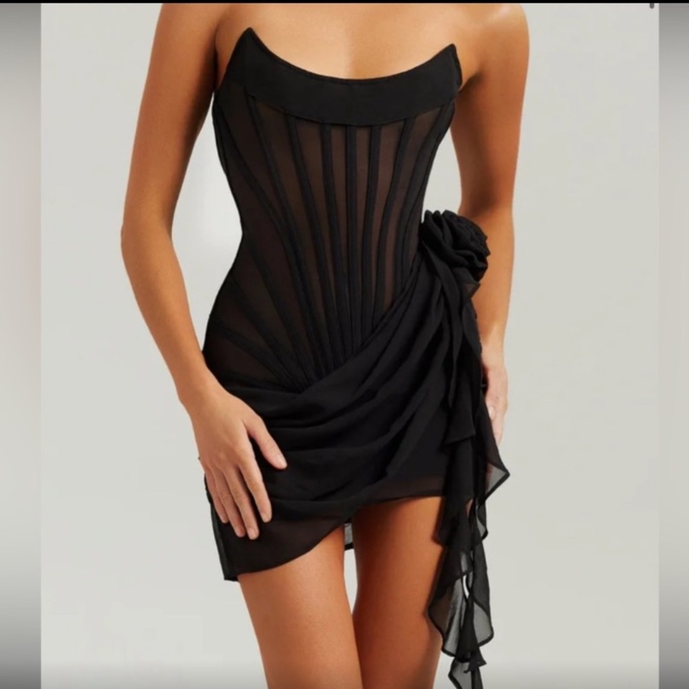 Black chiffon mesh corset drape mini dress